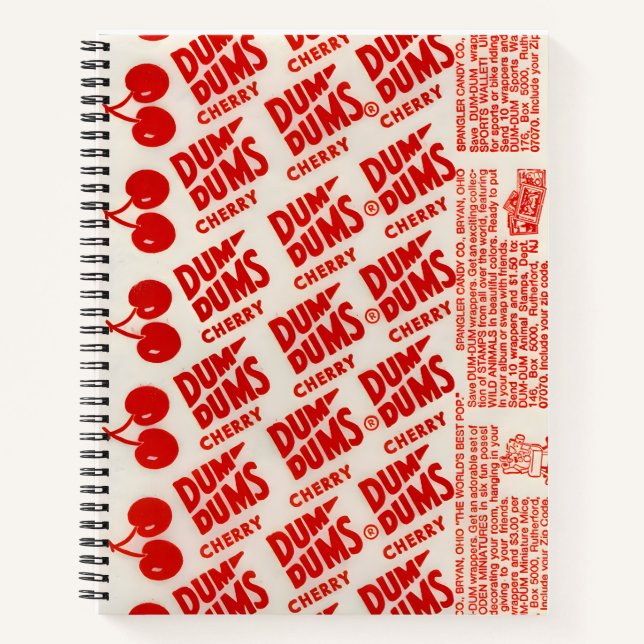 Vintages Dum Dums Cherry Wrapper-Muster Notizbuch (Vorderseite)