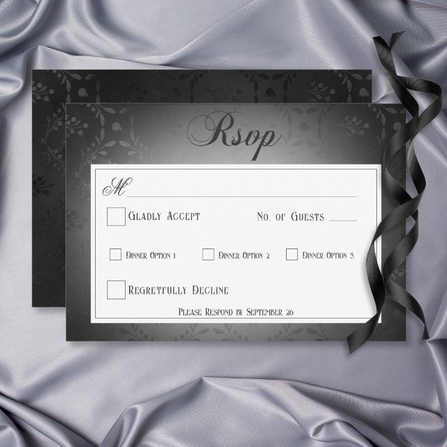 Vintages dunkelgotisches Schwarzdamastfest RSVP Karte (Vintage Dark Gothic Black Damask Wedding Dinner RSVP Card)