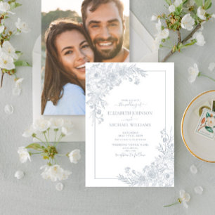 Vintages Dusty Blue Floral Line Art Foto Hochzeit Einladung