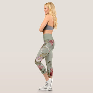 Vintages, dusty Olive Green Floral Design Capri Leggings