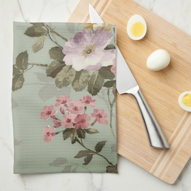 Vintages, dusty Olive Green Floral Design Geschirrtuch (Viertel Falte)