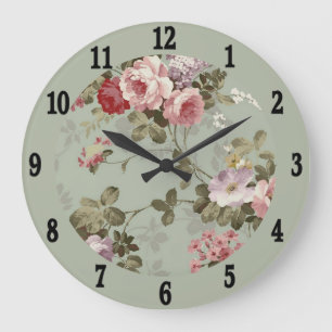 Vintages, dusty Olive Green Floral Design Große Wanduhr