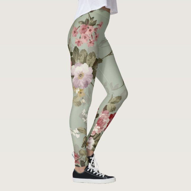 Vintages, dusty Olive Green Floral Design Leggings (Rechts)