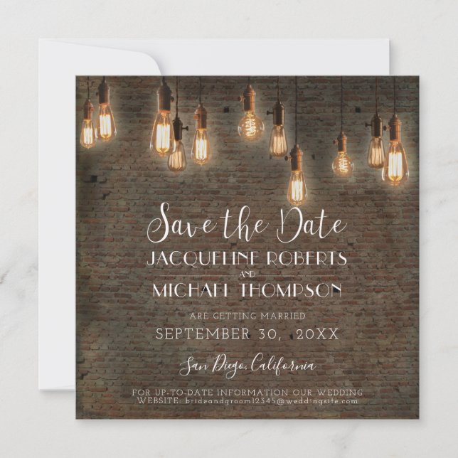 Vintages Edison Lights Brick Industrial Warehouse Save The Date (Vorderseite)
