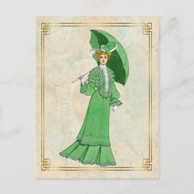 Vintages Edwardian Green Dress und Umbrella Postkarte (Vorderseite)