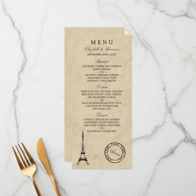 Vintages Eiffelturm Paris Postmark Wedding Menu Menükarte (Vorderseite/Rückseite Beispiel)