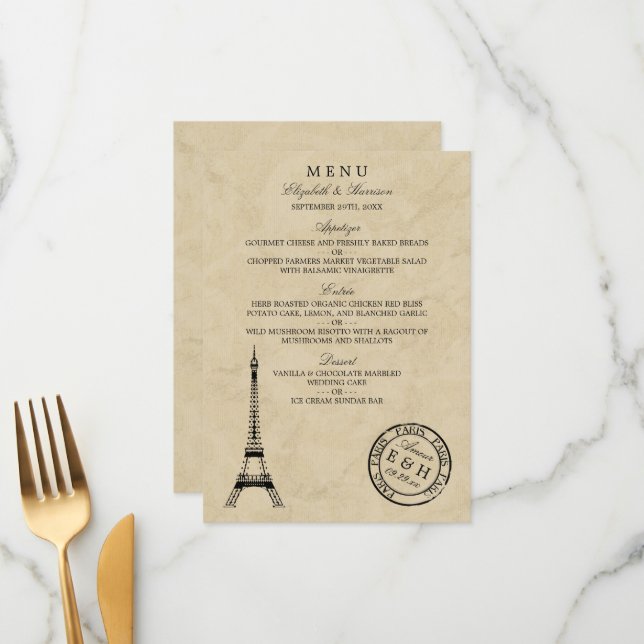 Vintages Eiffelturm Paris Postmark Wedding Menu Menükarte (Vorderseite/Rückseite Beispiel)