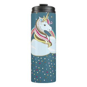 Vintages Einhorn: Regenbogenwolken-Illustration Thermosbecher