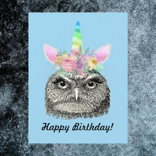 Vintages Einhorn von Owl-I-Corn Owl Happy Birthday Postkarte