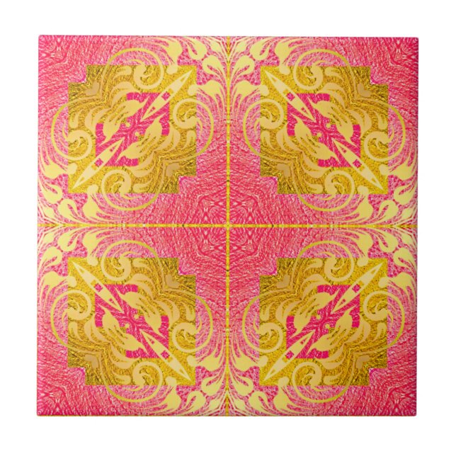 Vintages elegantes Barock Rosa und Gelb Gold Fliese (Vorderseite)