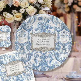 Vintages Elegantes Blumenblau in Weiß Silberbridal Pappteller
