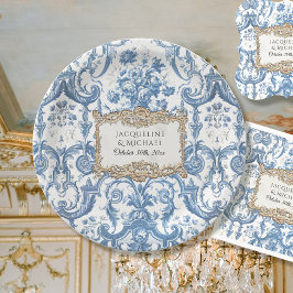 Vintages Elegantes Floral Blue und White Gold Brid Pappteller