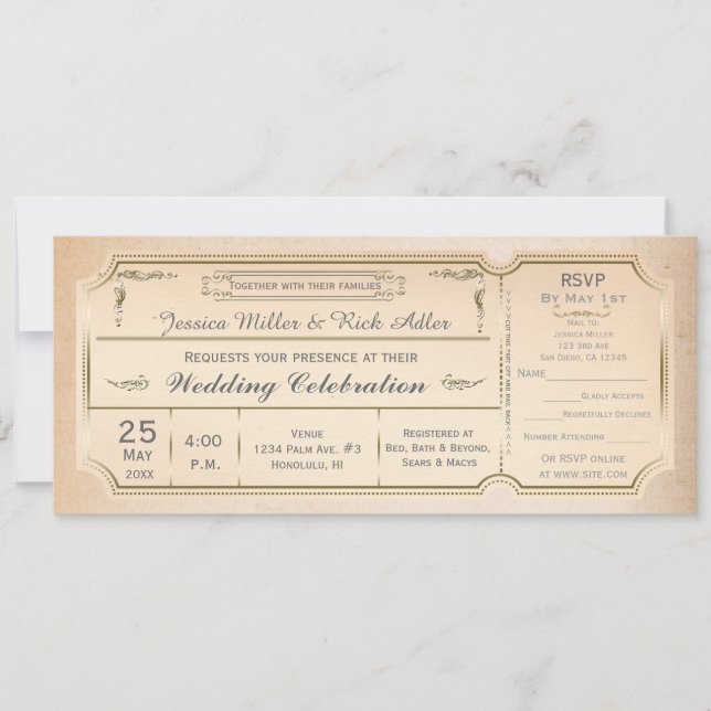 Vintages elegantes Hochzeitsticket Einladung mit U (Vorderseite)