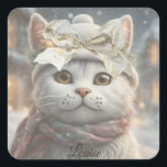 Vintages elegantes Niedliches Weihnachtsgeschenk Quadratischer Aufkleber<br><div class="desc">Dieser charmante Vintage Aufkleber zeigt eine weiße, niedliche Weihnachtskatze, die fröhlich lächelt und einen dekorativen Festhut in einer schneebedeckten Weihnachtslandschaft trägt. 🐱 🎄 Katzenfreunde und Besitzer begeistern dieses farbenprächtige und skurrile Personalisierte Katzendesign. 🐾 Das Besondere an diesem Aufkleber ist seine zeitlose Eleganz und die Fähigkeit, die Wärme des Urlaubs zu...</div>