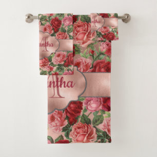 Vintages Elegantes Rosa Rosa Rose Mit Monogramm Badhandtuch Set