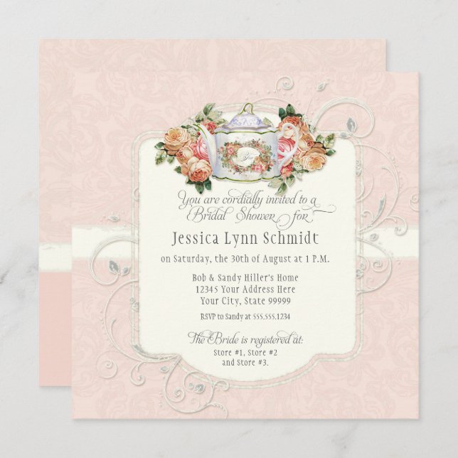 Vintages Elegantes Schwarzes Rose Brautparty  Einladung (Vorne/Hinten)