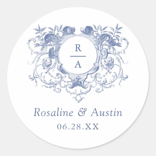 Vintages elegantes Wappen mit Blumenblättern Hochz Runder Aufkleber (Vorderseite)