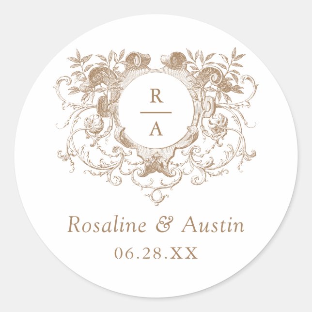 Vintages elegantes Wappen mit Blumenblättern Hochz Runder Aufkleber (Vorderseite)
