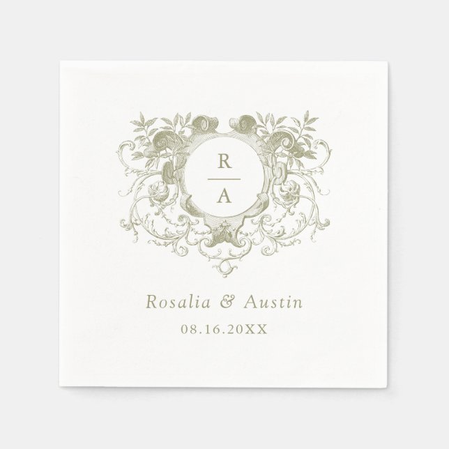 Vintages elegantes Wappen mit Blumenblättern Hochz Serviette (Vorderseite)