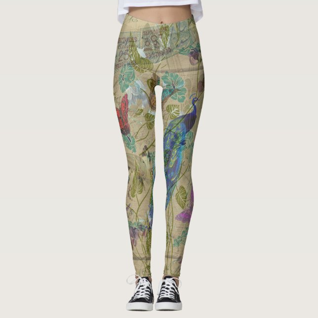 Vintages Elfenbein-grün-blaue rosa Pfau-Collage Leggings (Vorderseite)