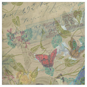 Vintages Elfenbein-grün-blaue rosa Pfau-Collage Stoff