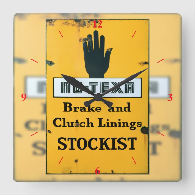 Vintages Emailunterschreiben. Quadratische Wanduhr (Vorderseite)