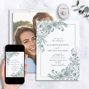 Vintages Emerald Floral Line Art Foto Hochzeit Einladung
