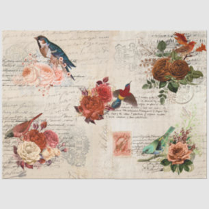 Vintages Ephemera Bird Fall Blume Skript Entpackun Seidenpapier