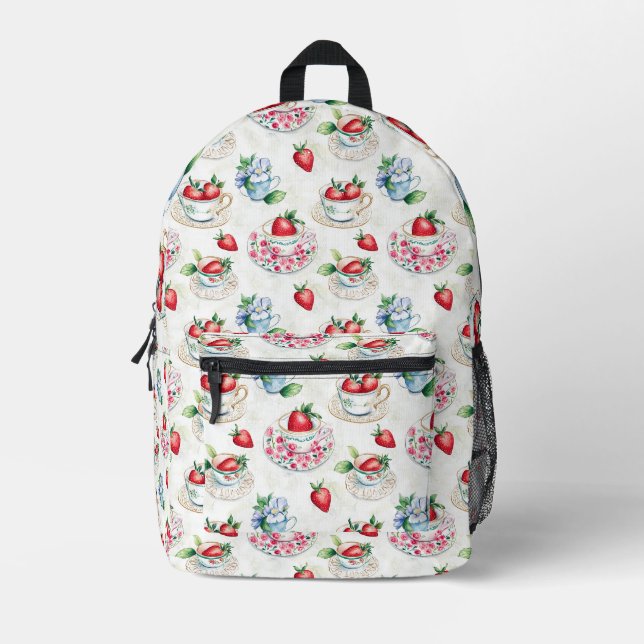Vintages Erdbeermuster Teacup Blumenmuster Bedruckter Rucksack (Vorderseite)