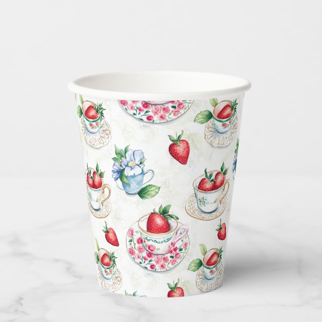 Vintages Erdbeermuster Teacup Blumenmuster Pappbecher (Vorderseite)