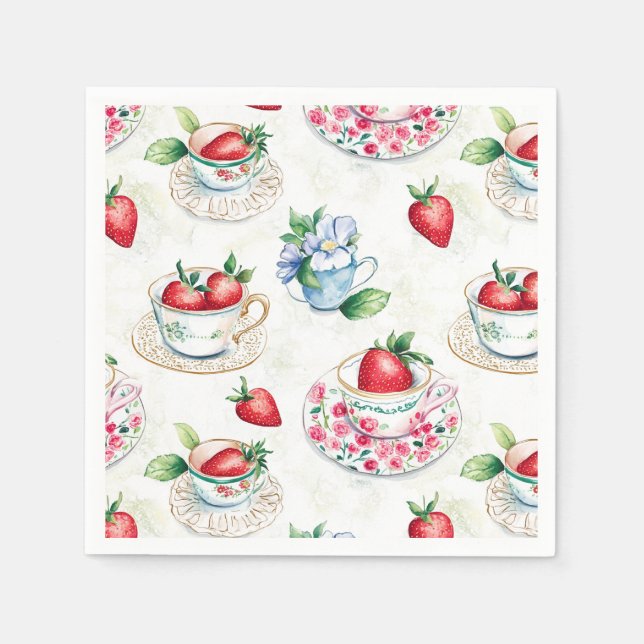 Vintages Erdbeermuster Teacup Blumenmuster Serviette (Vorderseite)