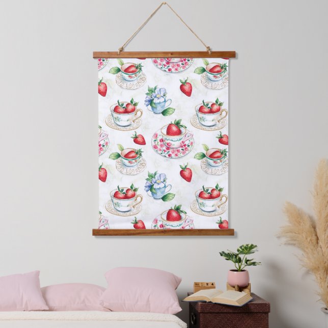Vintages Erdbeermuster Teacup Blumenmuster Wandteppich Mit Holzrahmen (Schlafzimmer)