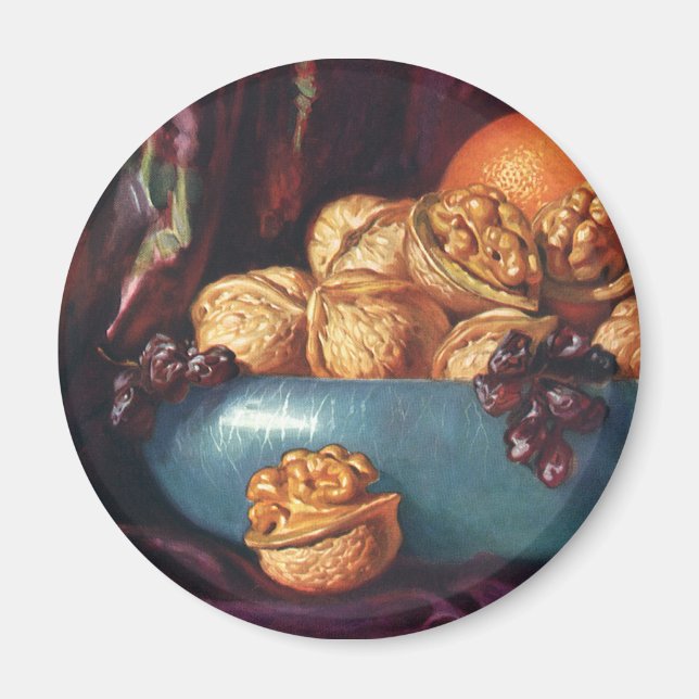 Vintages Essen, Walnüsse und Obst in einer Blauen  Magnet (Vorne)