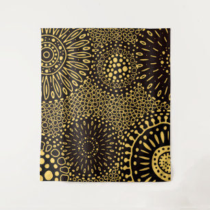 Vintages Ethnic Floral Black Gold Muster Tapestory Wandteppich