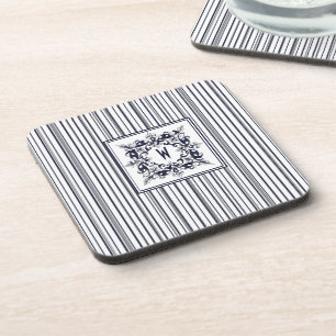 Vintages Etikett und Monogramm für Navy Blue Strip Getränkeuntersetzer