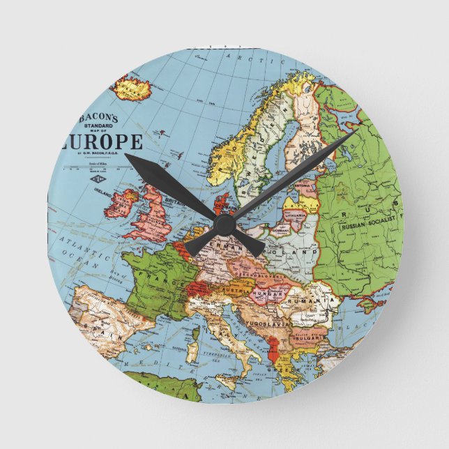 Vintages Europa 20. Jahrhundert - Allgemeine Karte Runde Wanduhr (Vorderseite)