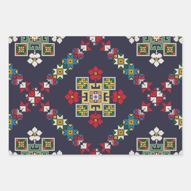 Vintages europäisches Folklore-Kunststickermuster Geschenkpapier Set (Vorderseite)