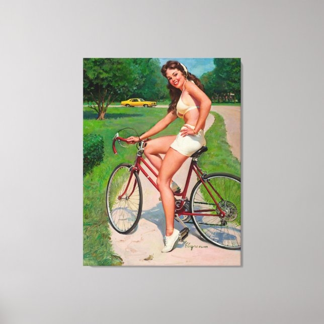 Vintages Fahrrad-Button Girl Leinwanddruck (Vorderseite)
