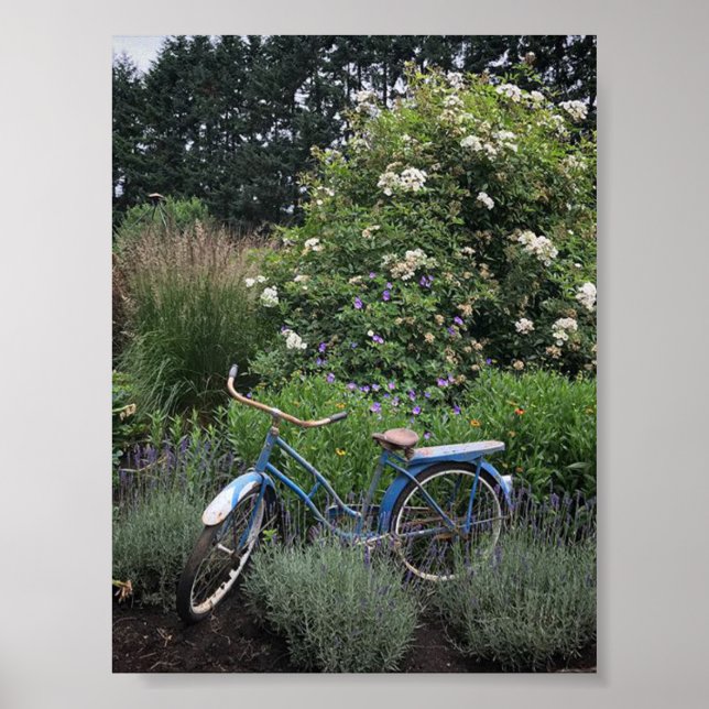 Vintages Fahrrad im Garten Poster (Vorne)
