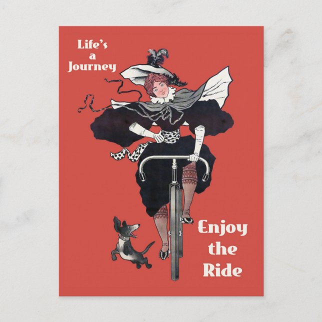Vintages Fahrrad Niedliche Fahrradfahrerin Postkarte (Vorderseite)