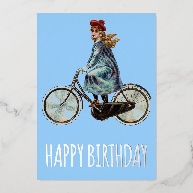 Vintages Fahrradmädchen - Geburtstag Folien Feiertagskarte (Vorderseite)