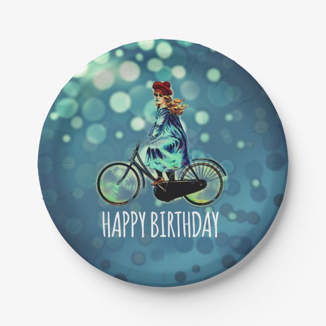 Vintages Fahrradmädchen - Geburtstag Pappteller (Vorderseite)