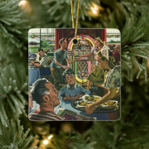 Vintages Familienessen bei einem Abendessen mit Ju Keramikornament