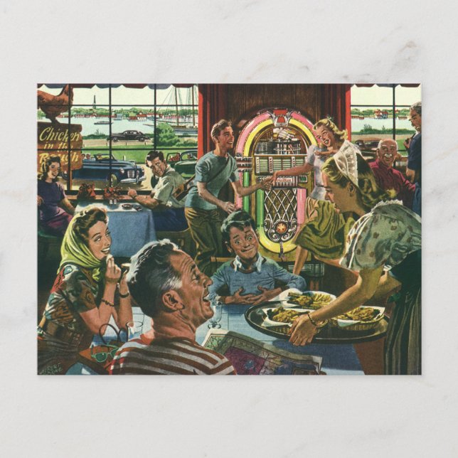 Vintages Familienessen bei einem Abendessen mit Ju Postkarte (Vorderseite)