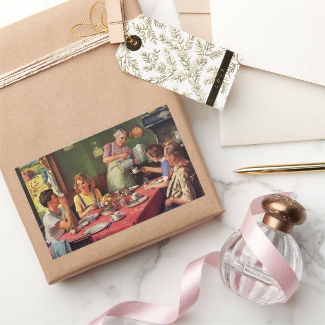 Vintages Familienfrühstück in der Küche Rechteckiger Aufkleber (Schenken)