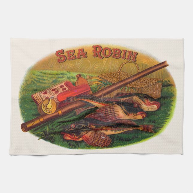 Vintages Fanggerät - Zigarren-Siegel Art, Robin Geschirrtuch (Horizontal)