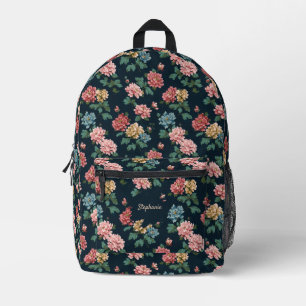 Vintages, farbiges Peony-Muster auf schwarzem Hint Bedruckter Rucksack