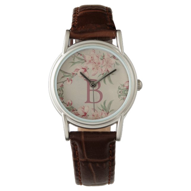 Vintages Farbrosa, florale Monogramm Armbanduhr (Vorderseite)
