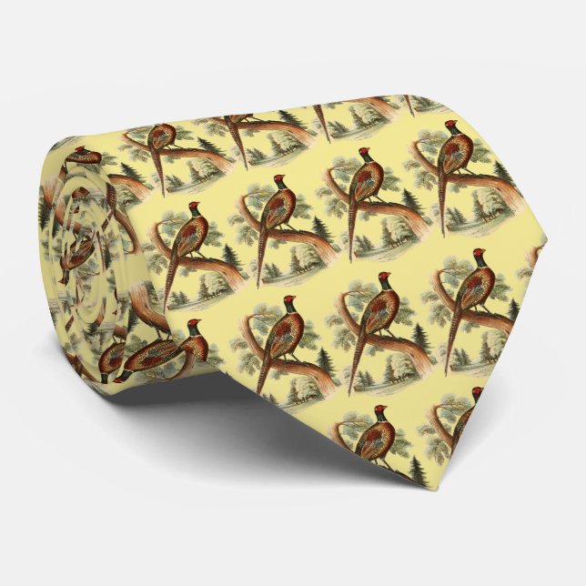 Vintages Fasan Verzweigung mit Zeichnend Bäumen Krawatte (Gerollt)