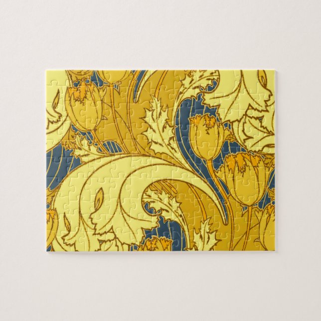 Vintages fett Tulip Blue Gold Muster Puzzle (Horizontal)